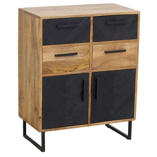 Commode en manguier naturel et teinté noir damier 4 tiroirs + 2 portes