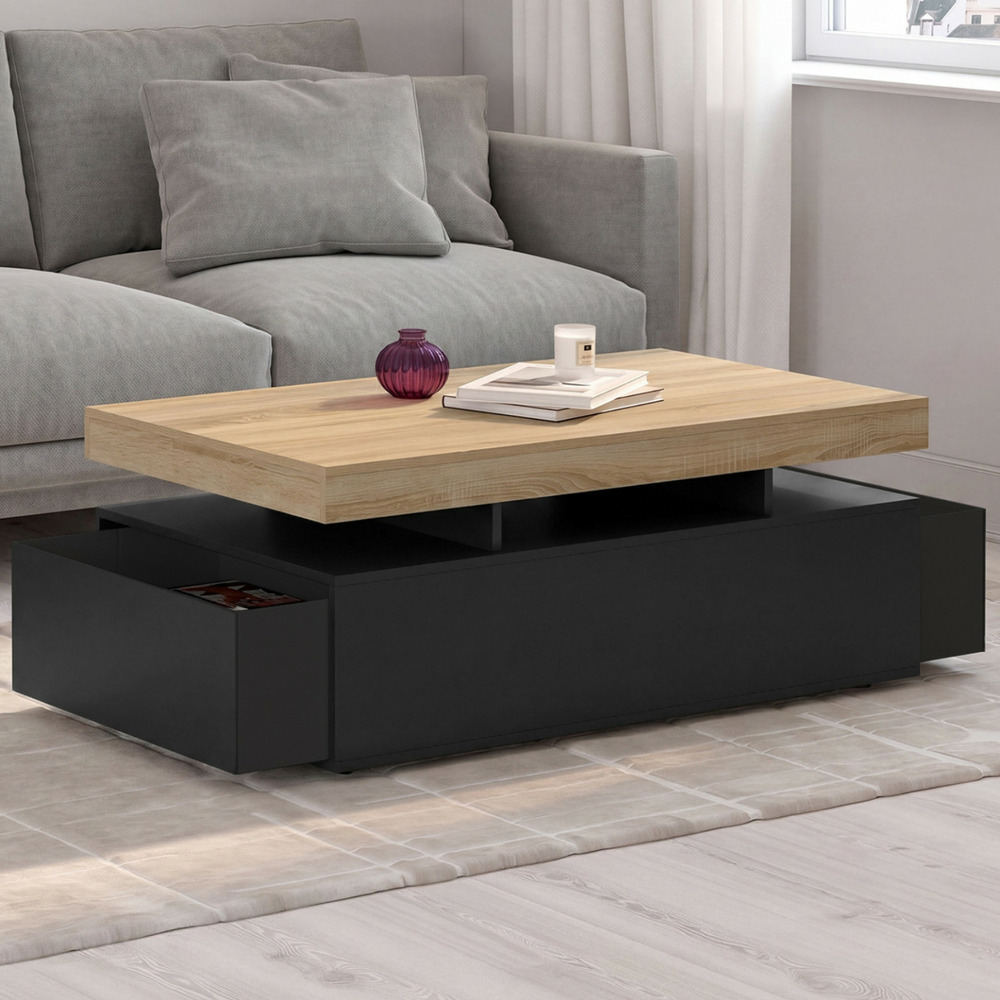 Table basse rectangulaire elsa 100 cm 2 tiroirs en bois noir et plateau façon hêtre