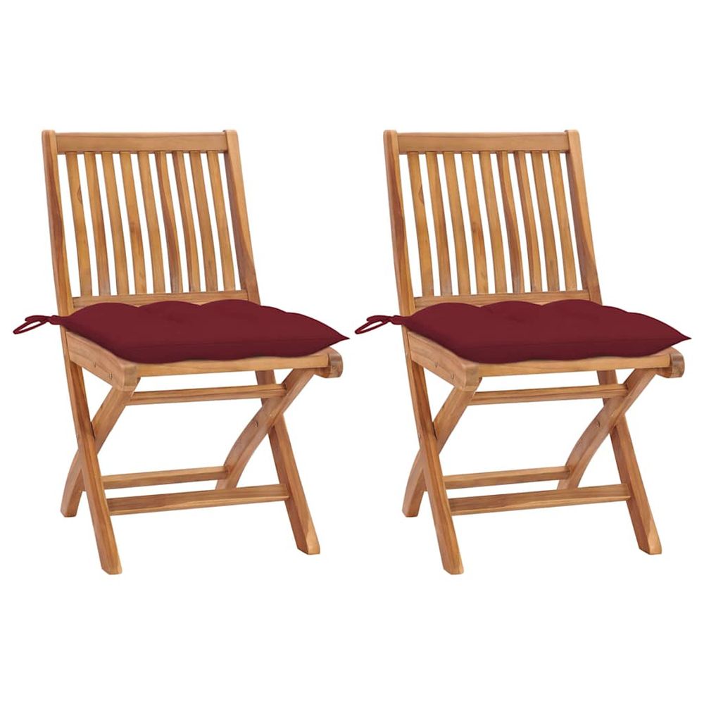 Chaises pliantes (lot de 2) avec coussins rouge bordeaux, en teck massif