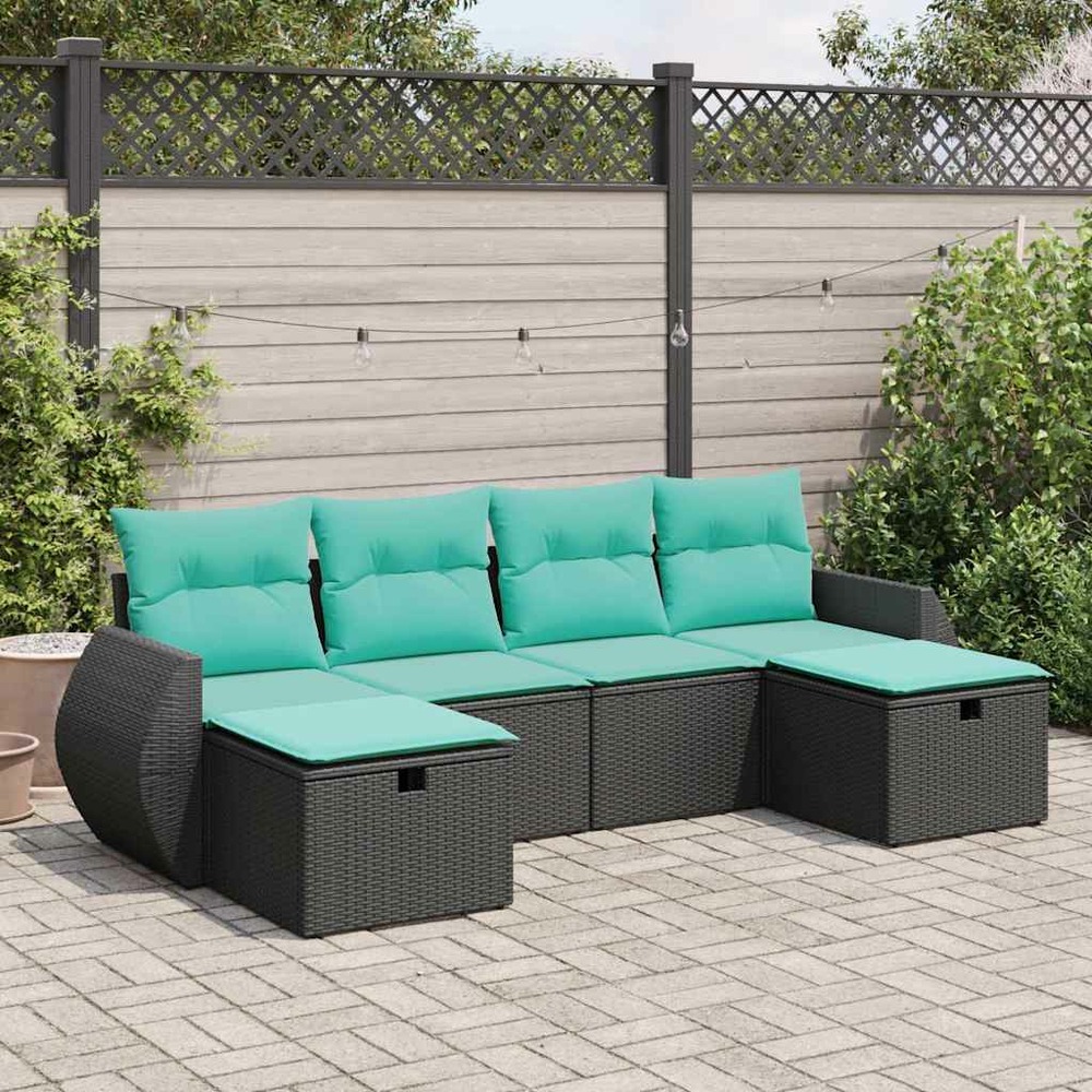 Salon de jardin 6 pcs avec coussins noir résine tressée