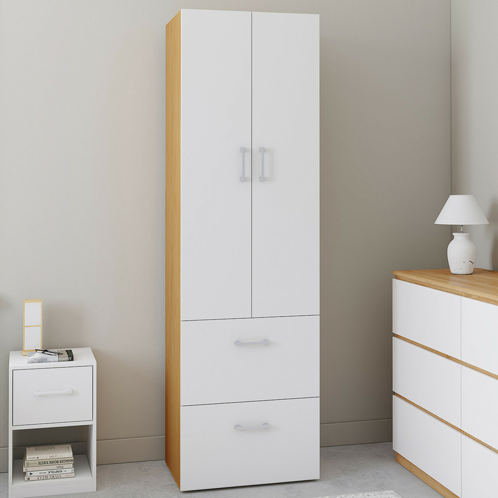 Armoire 2 portes juliana blanc et bois penderie 50 cm avec 2 tiroirs