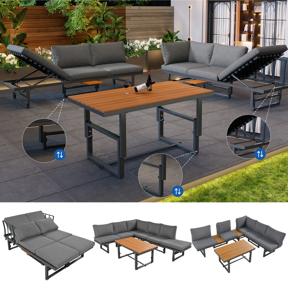 Mobilier jardin 3 pièces: 2 canapés + table, acier thermolaqué dossier réglable, bois acacia, coussins incl gris