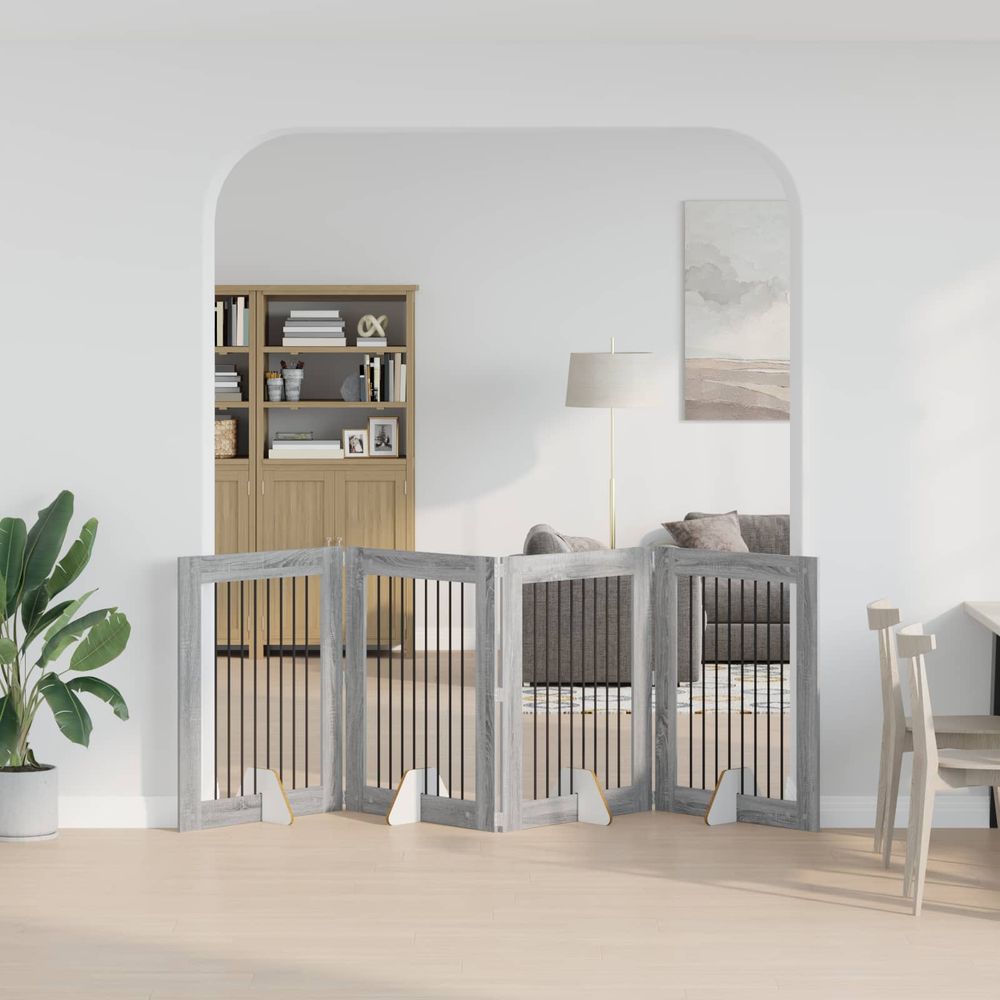 Grande barrière bois intérieur pour chien pliable modulable 321x100cm gris