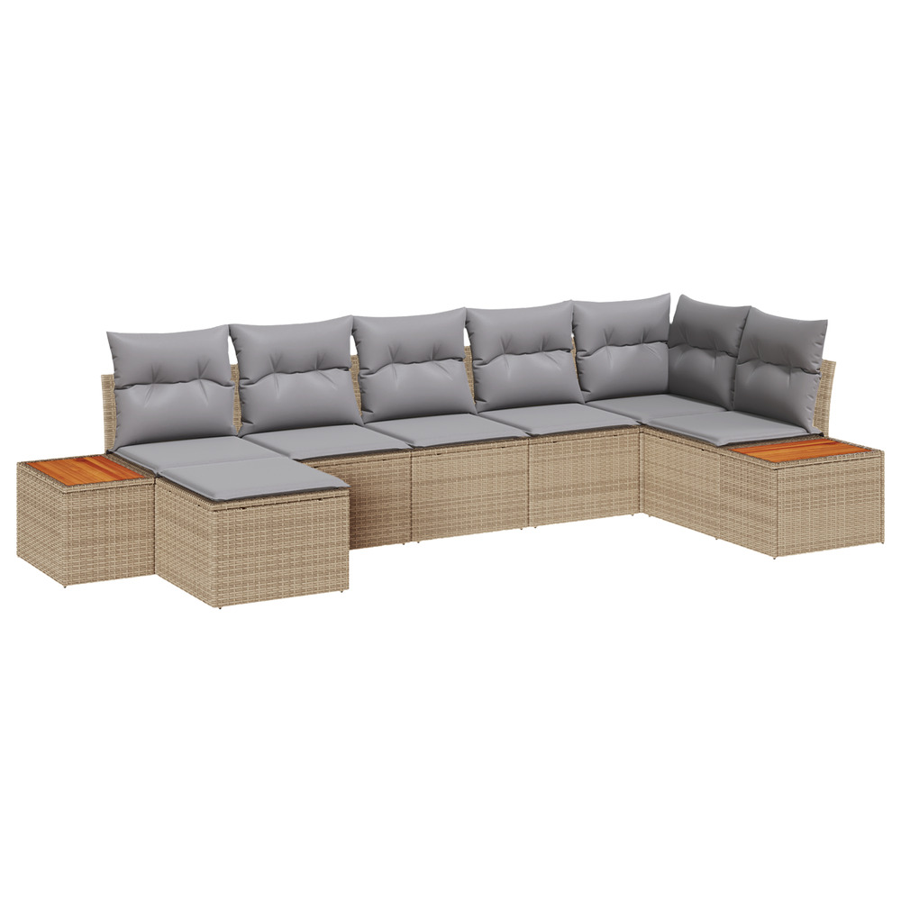 Ensemble de canapé de jardin 7 pièces avec coussins beige poly rattan acacia