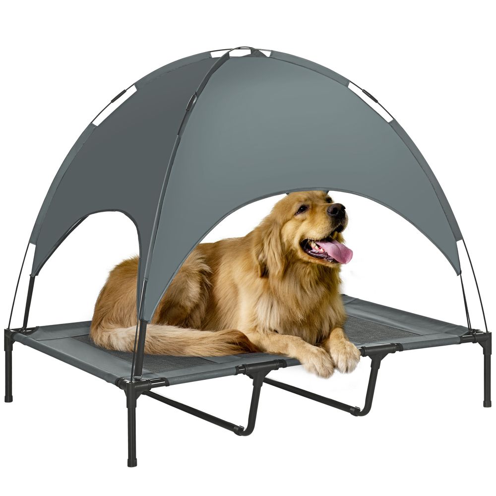 Lit de camp surélevé chien métal tissu pour extérieur avec parasol anti-uv 122cm gris - comfortxl outdoor living