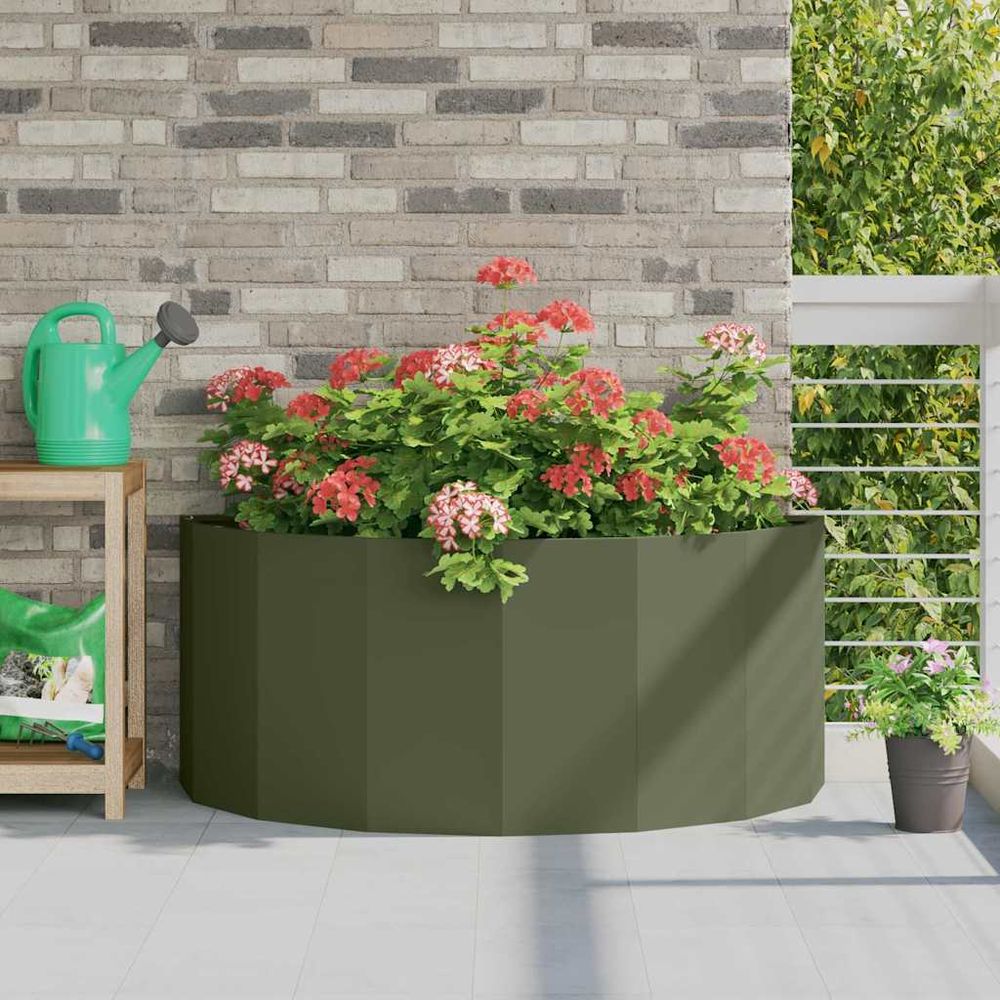 Jardinière demi-ronde acier pour jardin vert olive 120x60x50 cm