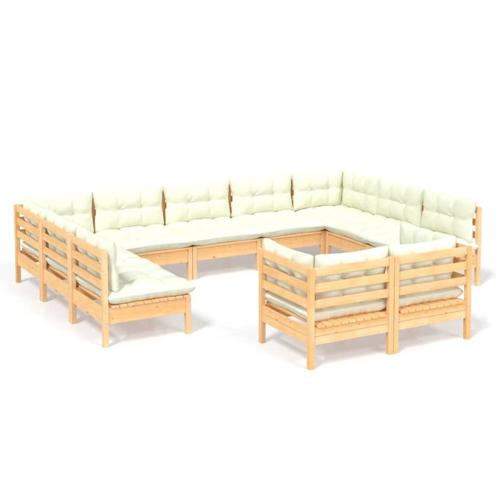 Salon de jardin 11 pcs avec coussins crème bois de pin solide