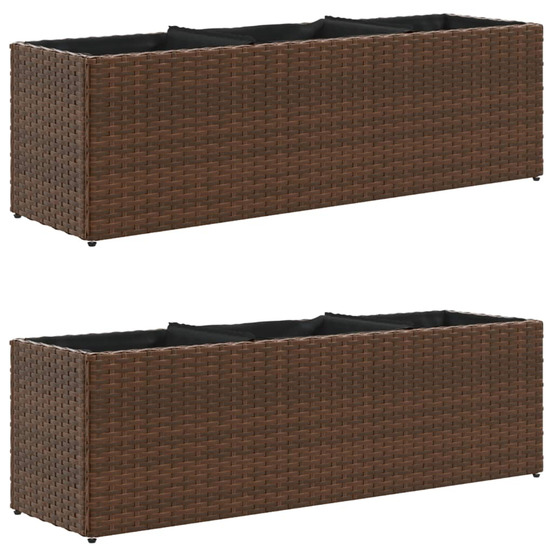Jardinière d'extérieurs avec 3 pots 2 pcs marron 105x30x32cm résine tressée