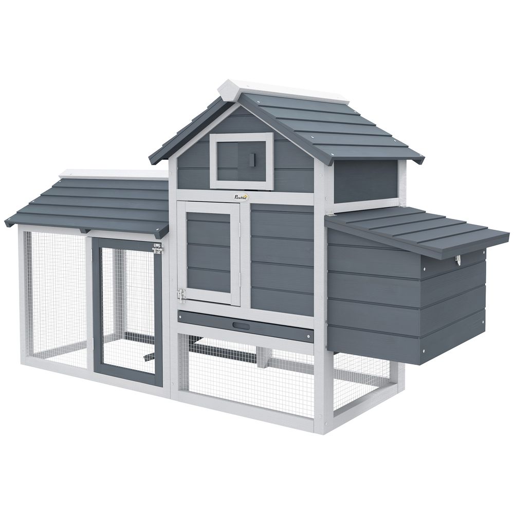 Poulailler cottage bois de sapin 150,5x54x87 cm gris avec enclos sécurisé et pondoir