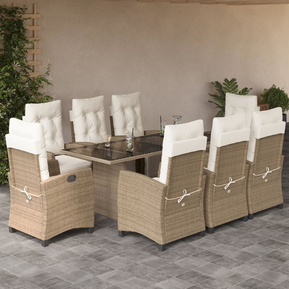 Ensemble à manger de jardin et coussins 9 pcs beige poly rotin