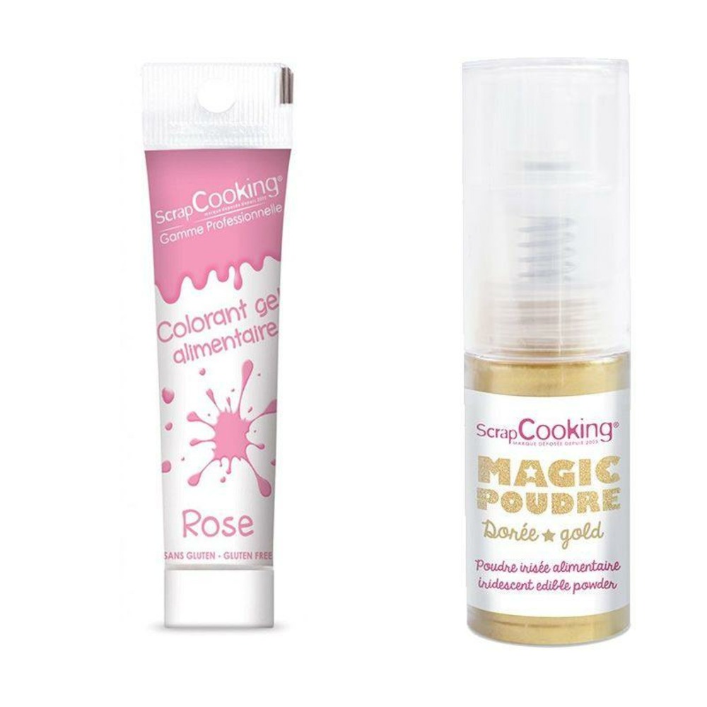 Gel colorant alimentaire rose + poudre alimentaire irisée dorée