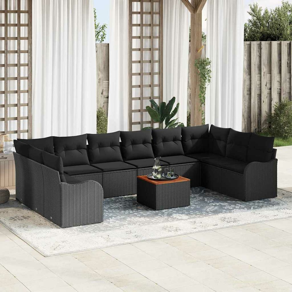 Ensemble de canapé de jardin avec coussin 11 pcs noir polyrotin