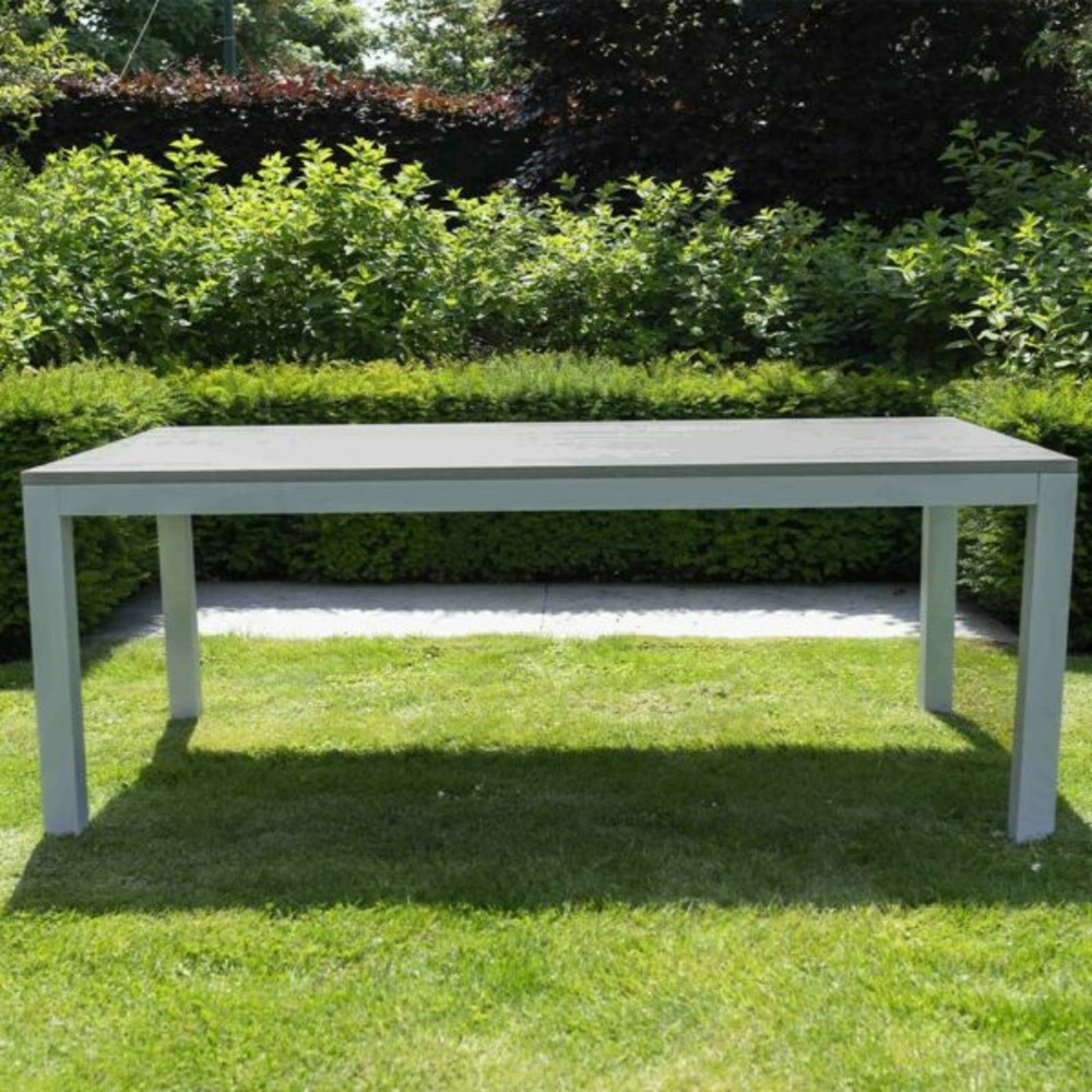 Table tampa fixe 8 personnes structure aluminium blanche, plateau en aluminium décors bois gris