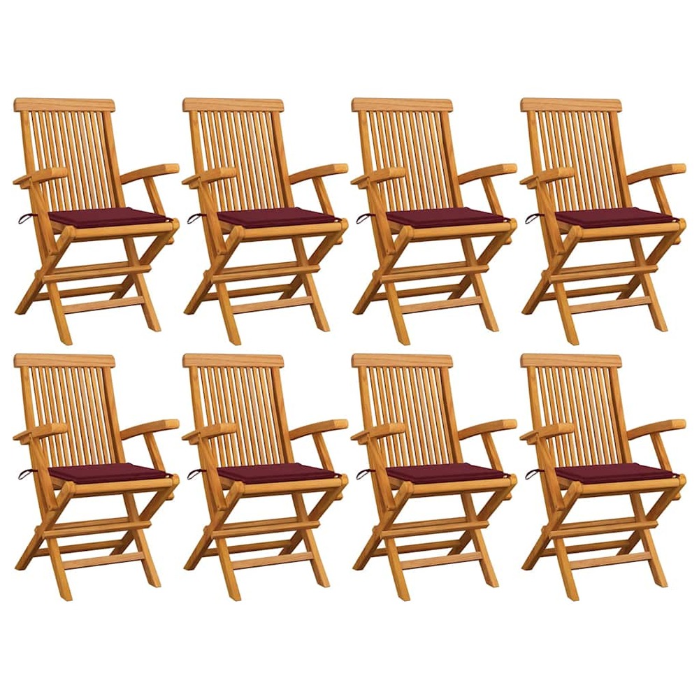 Chaises de jardin avec coussins bordeaux lot de 8 teck massif
