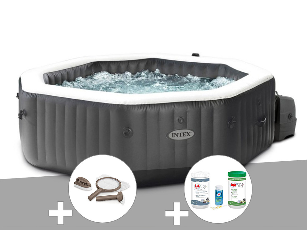 Kit spa gonflable purespa carbone octogonal bulles et jets 4 places + kit trait