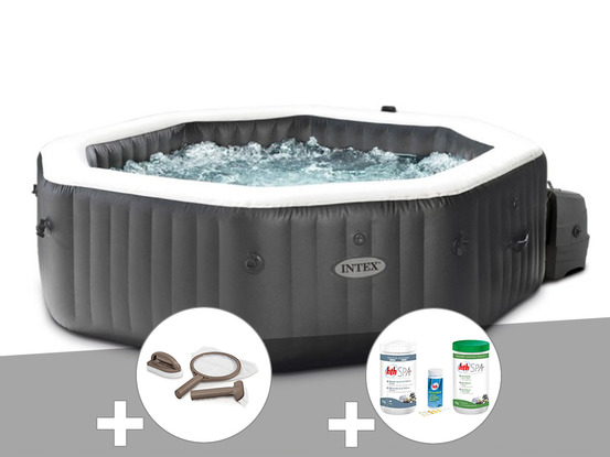 Kit spa gonflable purespa carbone octogonal bulles et jets 4 places + kit trait