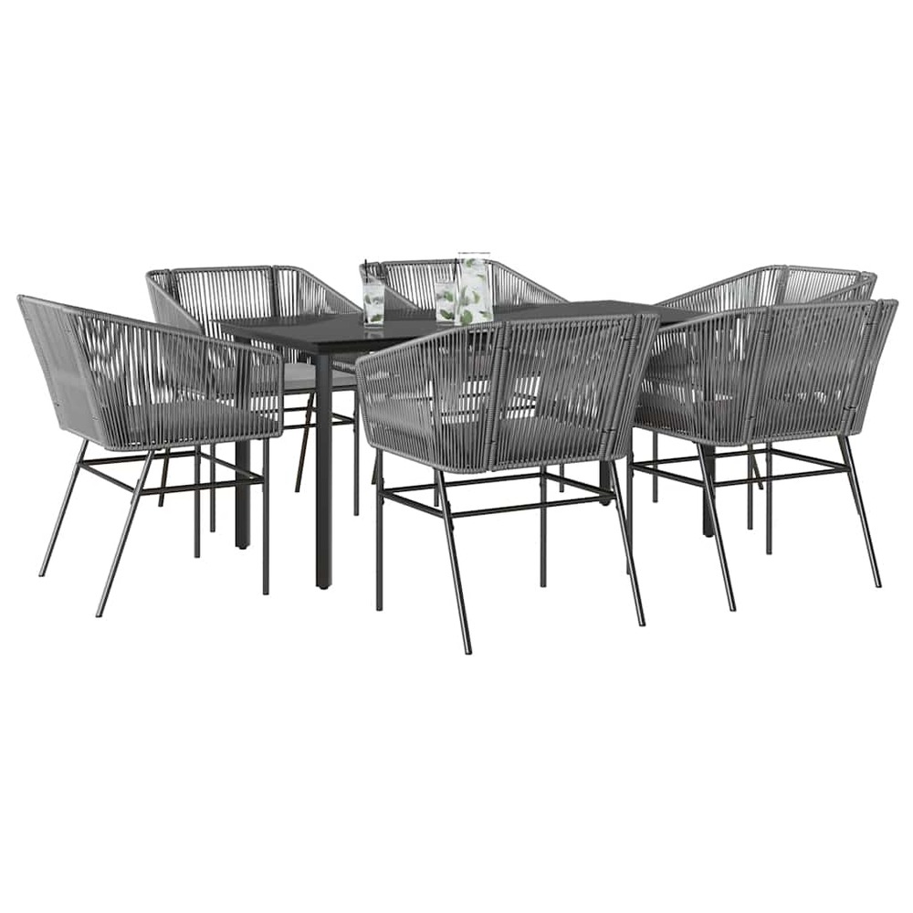 Ensemble à manger jardin coussins 7 pcs gris poly rotin verre