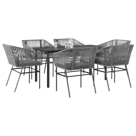 Ensemble à manger jardin coussins 7 pcs gris poly rotin verre