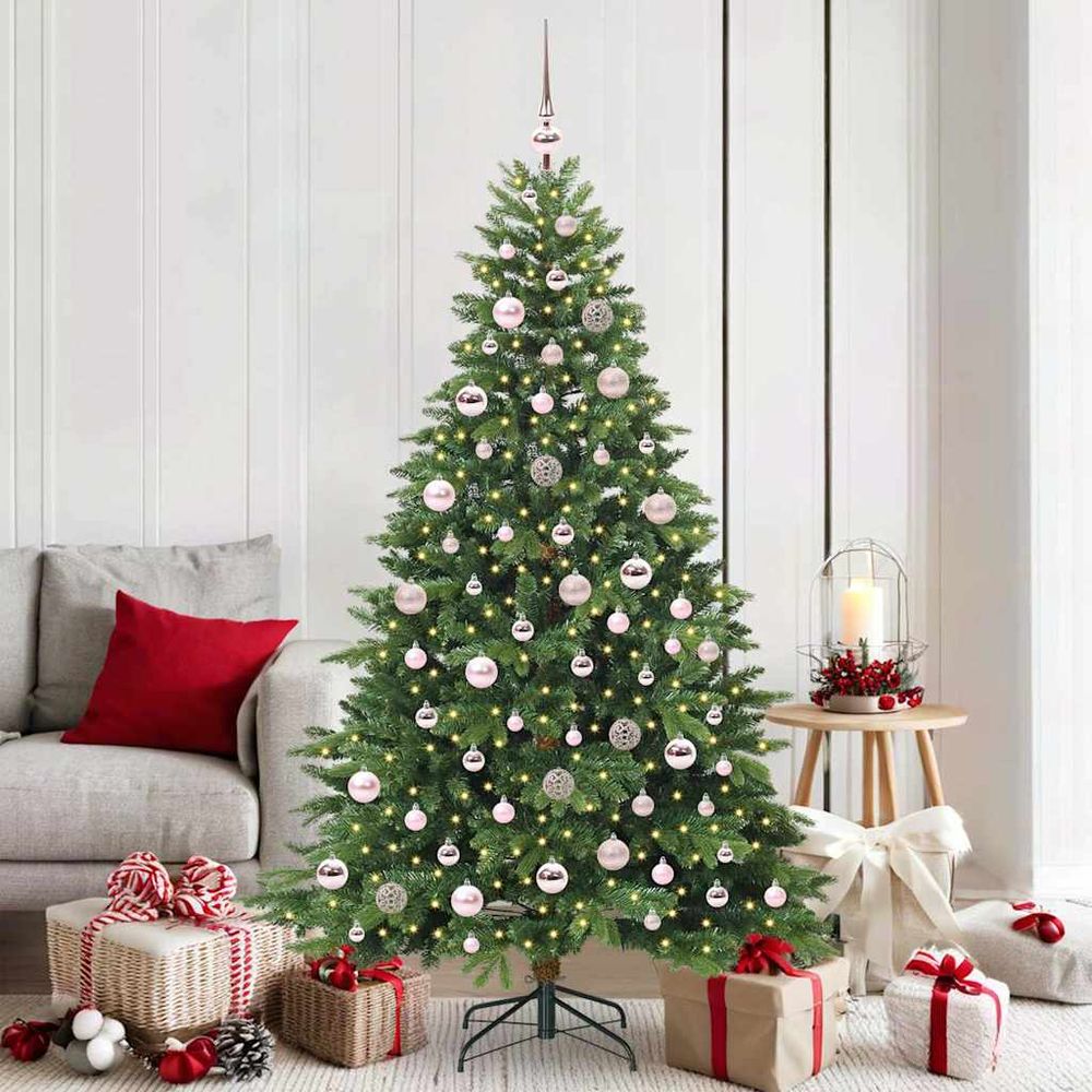 Sapin artificiel vert 180 cm qualité pe/pvc, avec 300 led et 120 boules
