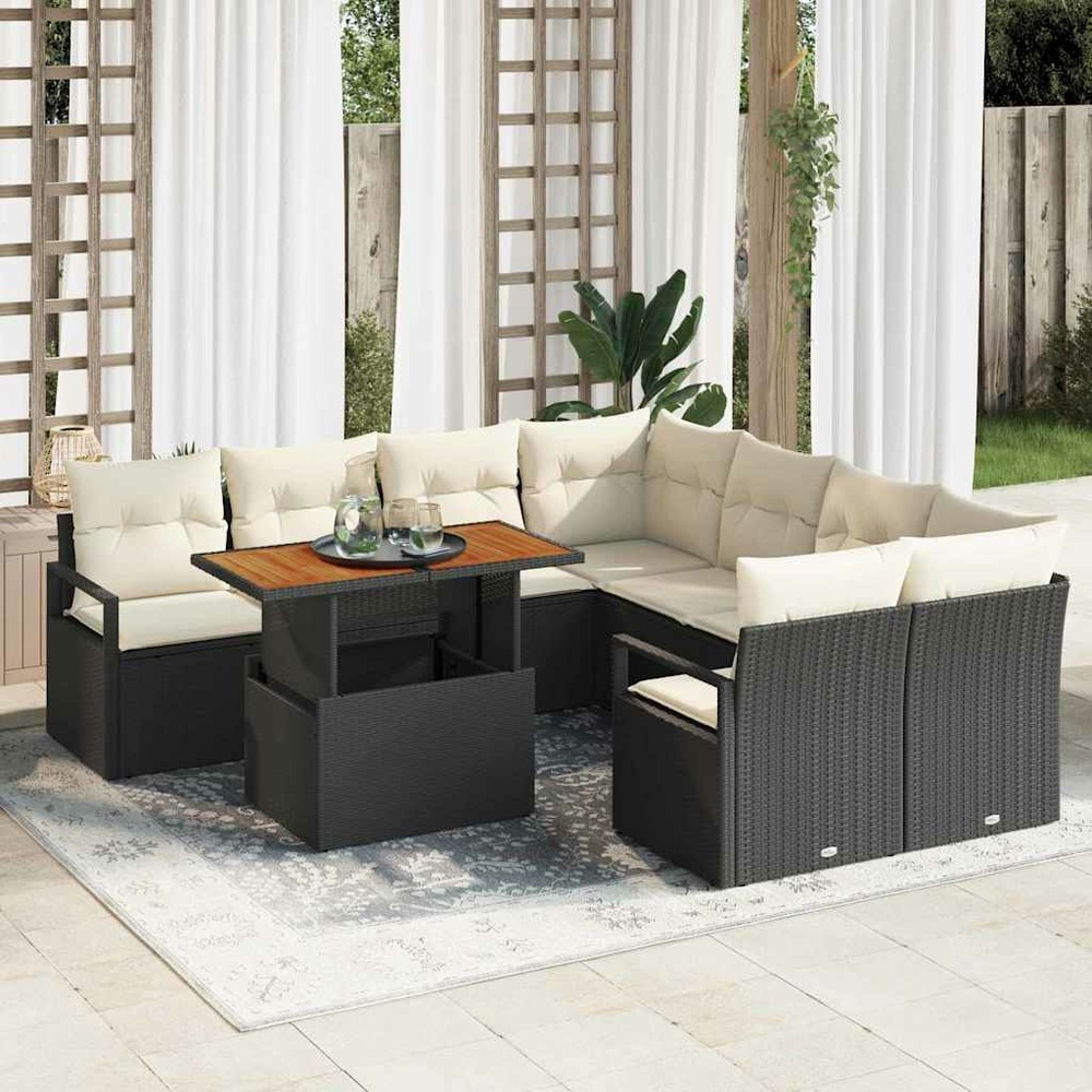 Ensemble de canapé de jardin 9 pcs noir poly rotin