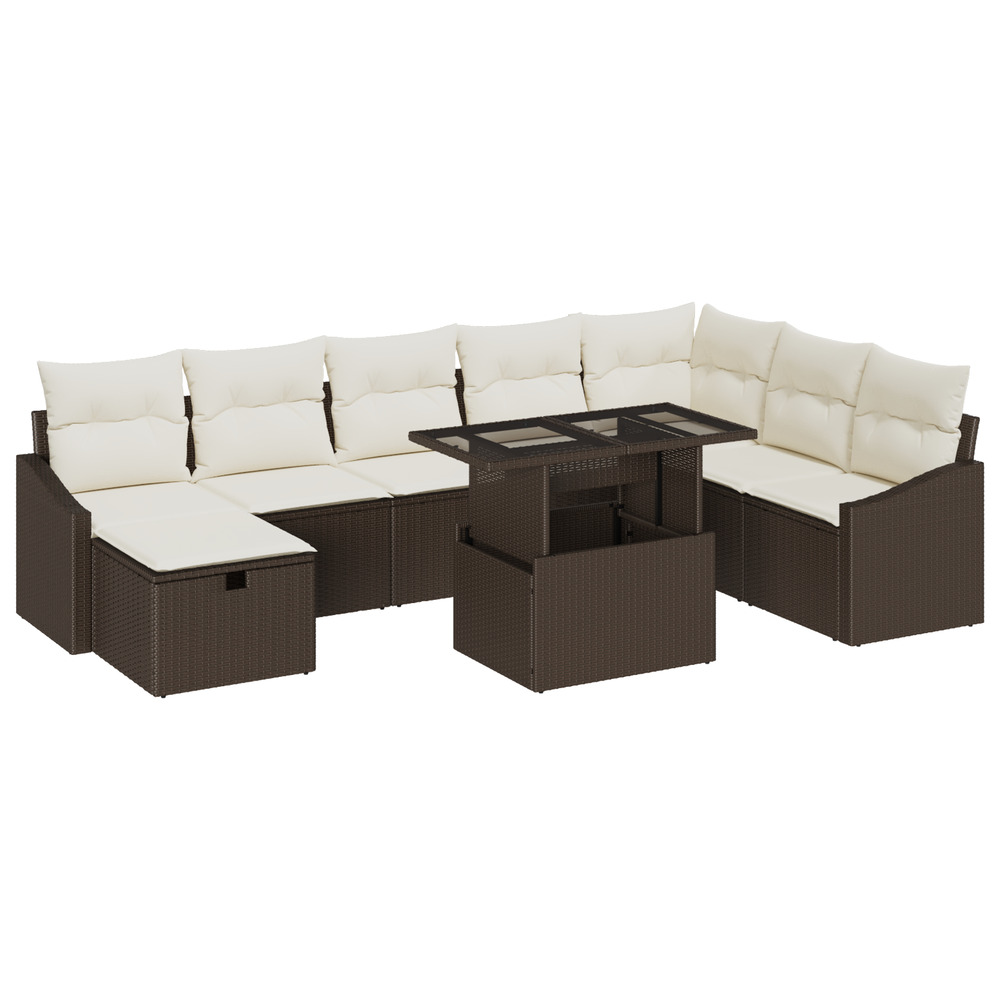 Ensemble de canapé de jardin 9 pièces avec coussins marron poly rattan