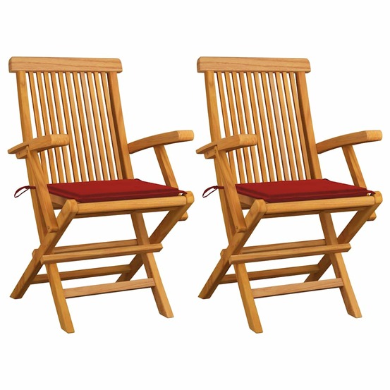 Chaises de jardin et coussins rouge lot de 2 bois teck massif