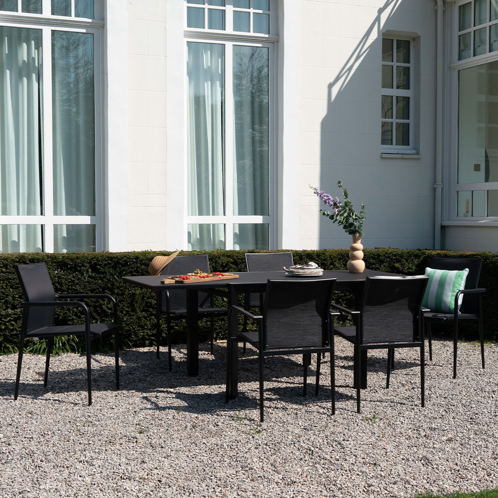 Ensemble 4/8p en aluminium et plateau en verre poli noir avec 6 fauteuils modulo