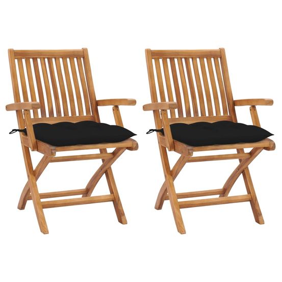 Chaises pliantes (lot de 2) avec coussins noirs, en bois de teck massif