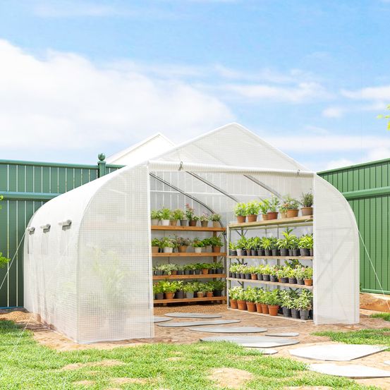Serre tunnel potager métal et pe 445 x 300 x 205 cm blanche 6 fenêtres porte enroulable - comfortxl outdoor living