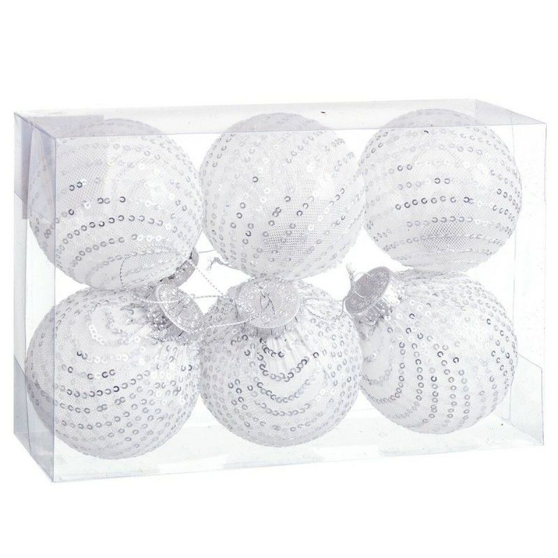 Boules de noël blanc argenté plastique tissu paillettes 8 x 8 x 8 cm (6 unités)