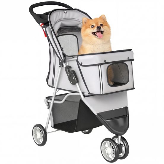 Poussette 4 roues chien acier promenades chariot pliable auvent réglable gris