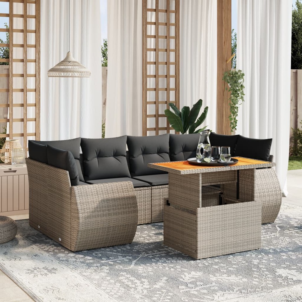 Salon de jardin avec coussins 7 pcs gris résine tressée