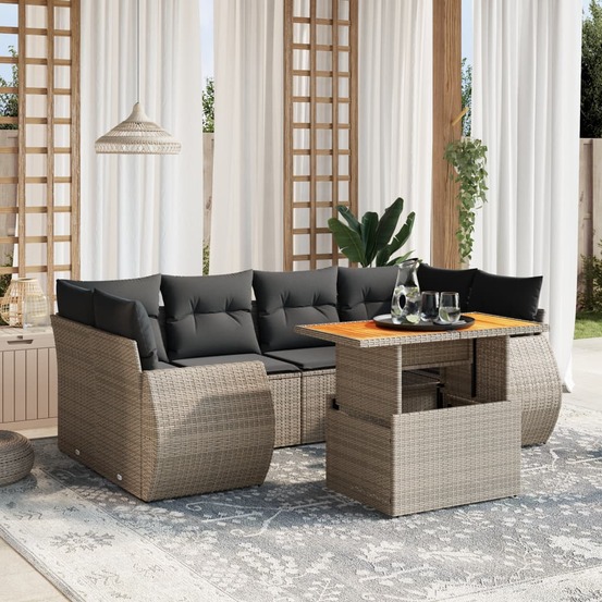 Salon de jardin avec coussins 7 pcs gris résine tressée