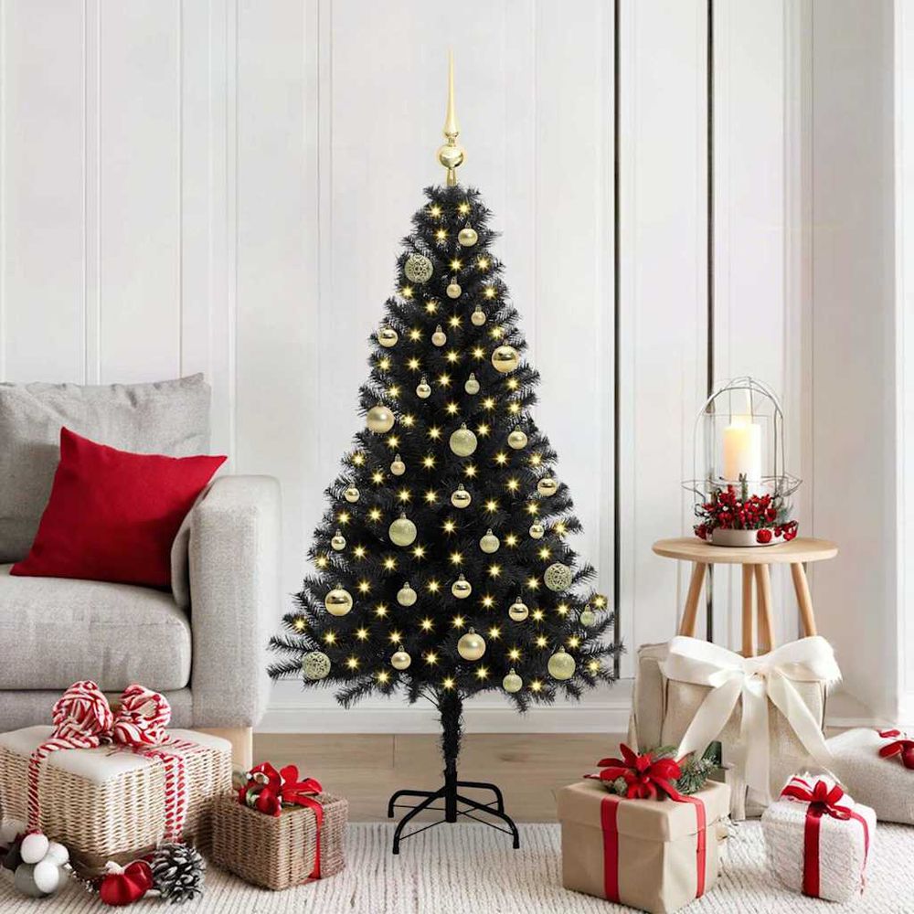 Décoration de noël : sapin artificiel conique noir 150cm lumineux, guirlande 150 led et boules fournies