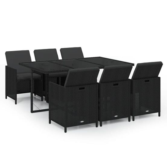 Ensemble à manger de jardin coussins 7pcs résine tressée noir