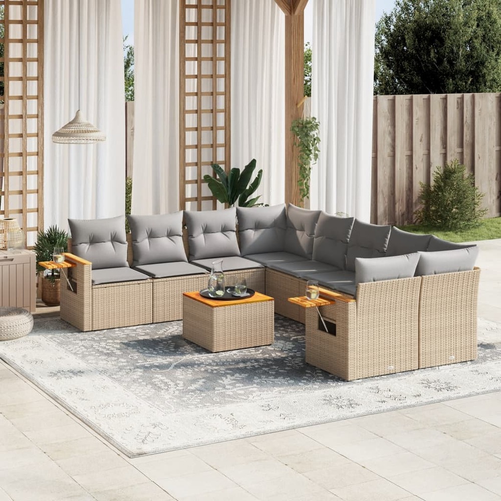 Salon de jardin avec coussins 9 pcs beige résine tressée