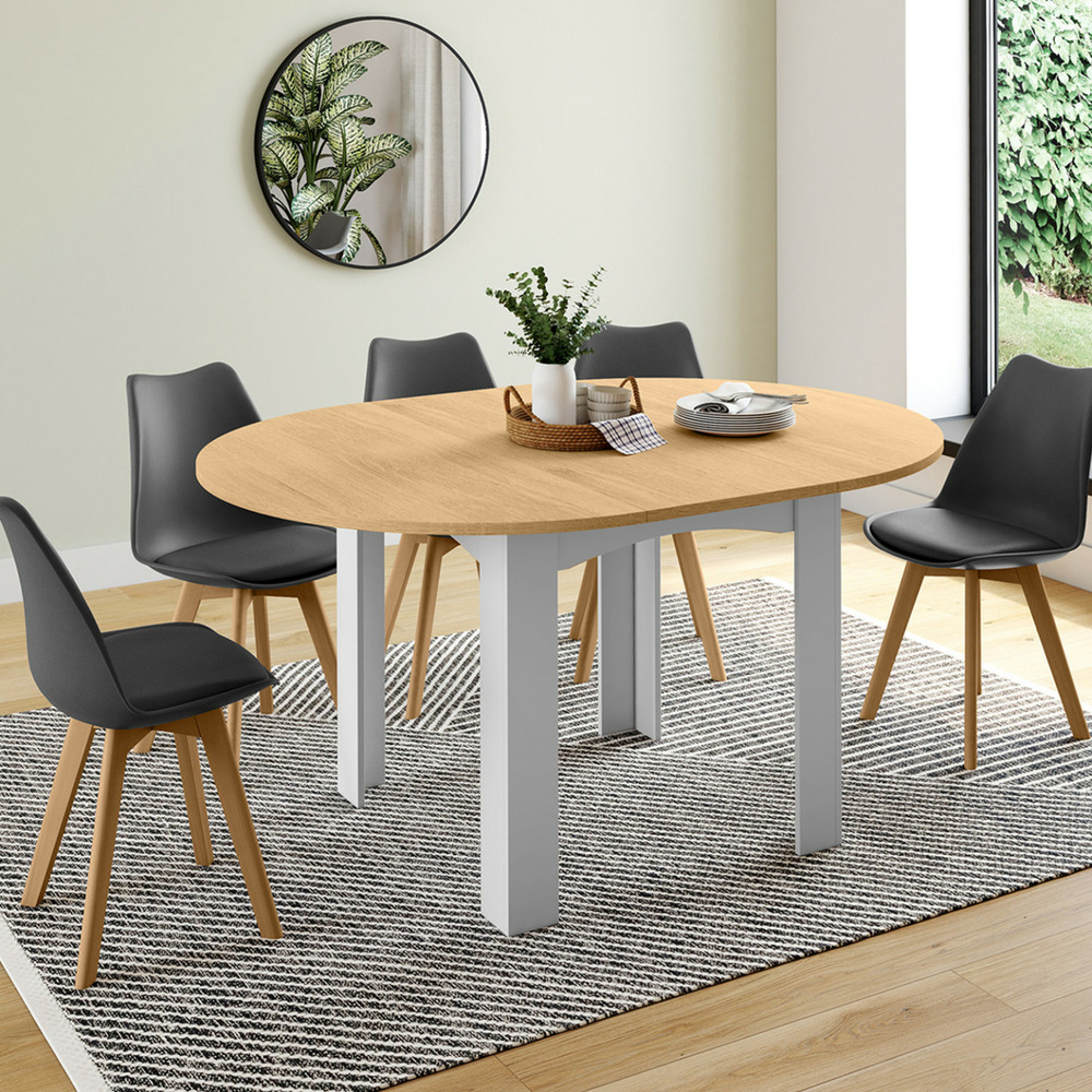 Table à manger extensible ronde dona 4-8 personnes blanche plateau façon hêtre 110-150 cm