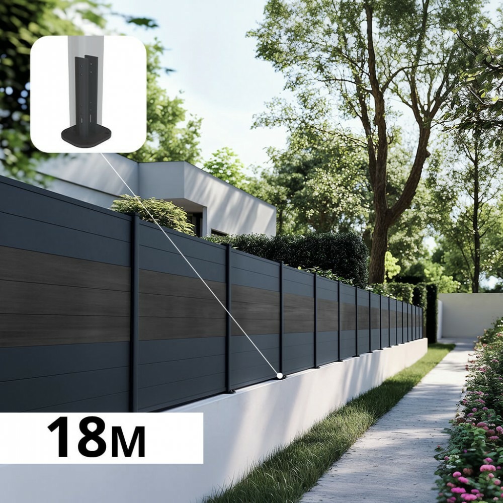 Kit clôture aluminium bahia & cruz ardoise 18,33x1,2m - bois composite & aluminium - poteaux gris - brise vue - palissade