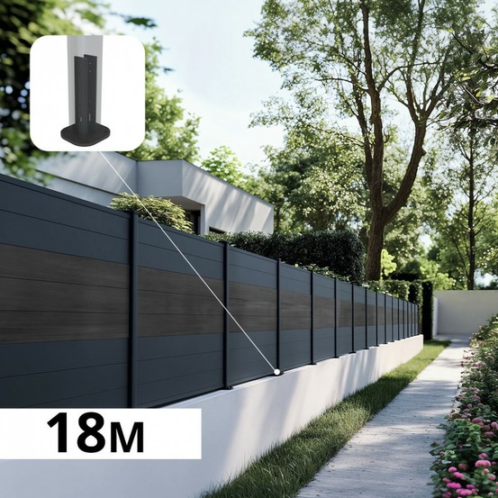 Kit clôture aluminium bahia & cruz ardoise 18,33x1,2m - bois composite & aluminium - poteaux gris - brise vue - palissade