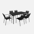 Table de jardin en métal 160x90cm + 4 chaises empilables et 2 fauteuils noirs