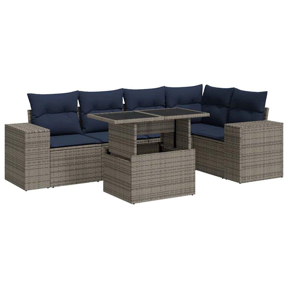 Salon de jardin 6 pcs avec coussins noir résine tressée acacia