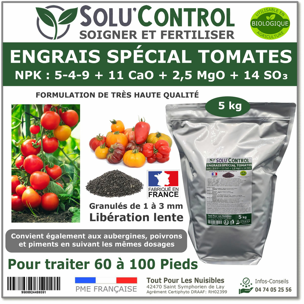 5 kg d'engrais spécial tomates, aubergines, poivrons, piments - solucontrol - formulation haute qualité organo-minerale - uab