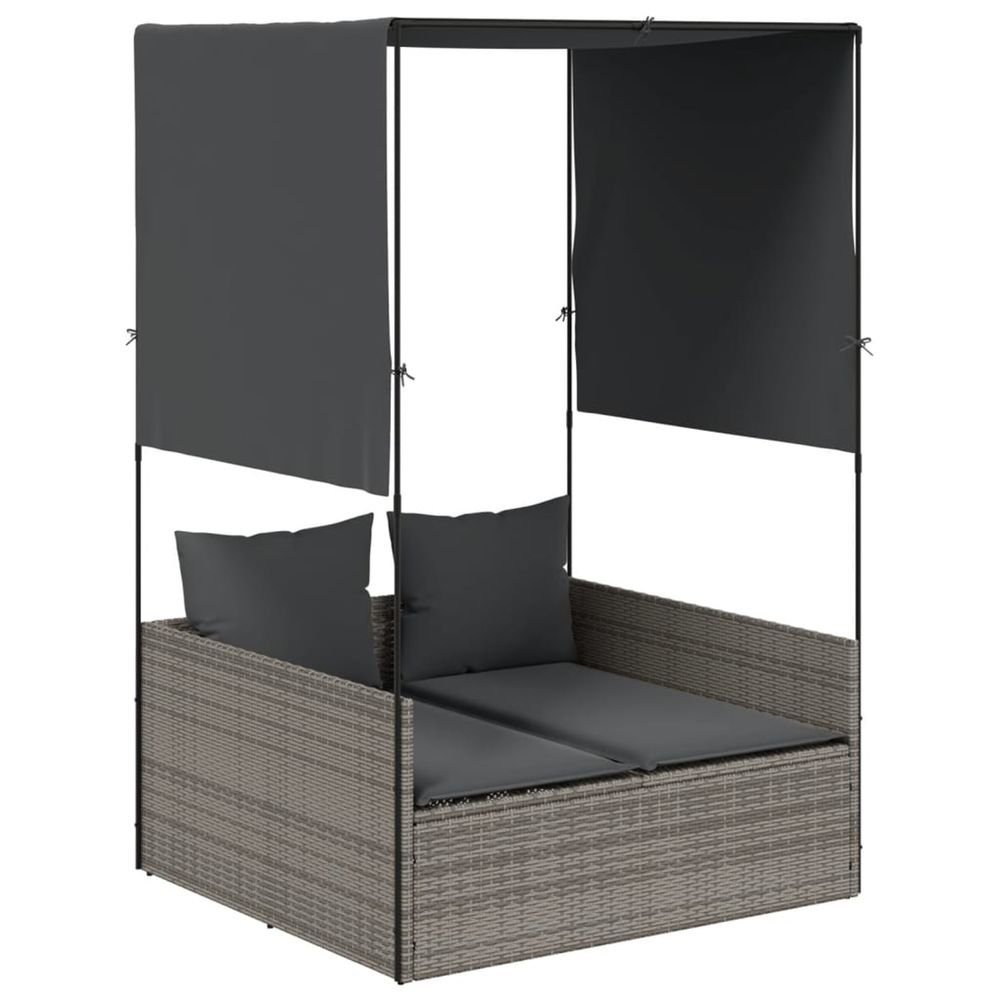 Chaise longue double avec toit et rideaux gris résine tressée bain de soleil