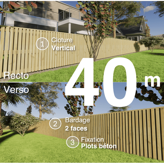 Kit clôture bois moderne 40m – h 0,9m – 45 x 45 mm autoclave – pose vertical – double face – à sceller