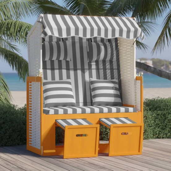 Strandkorb avec coussins résine tressée bois solide blanc gris