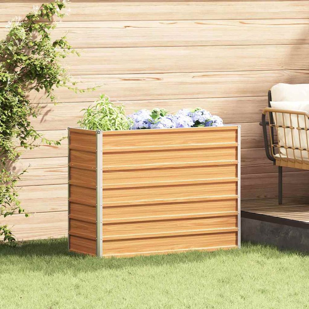 Jardinière haute étroite métal traité anti-corrosion design industriel pour balcon marron clair 100x40cm