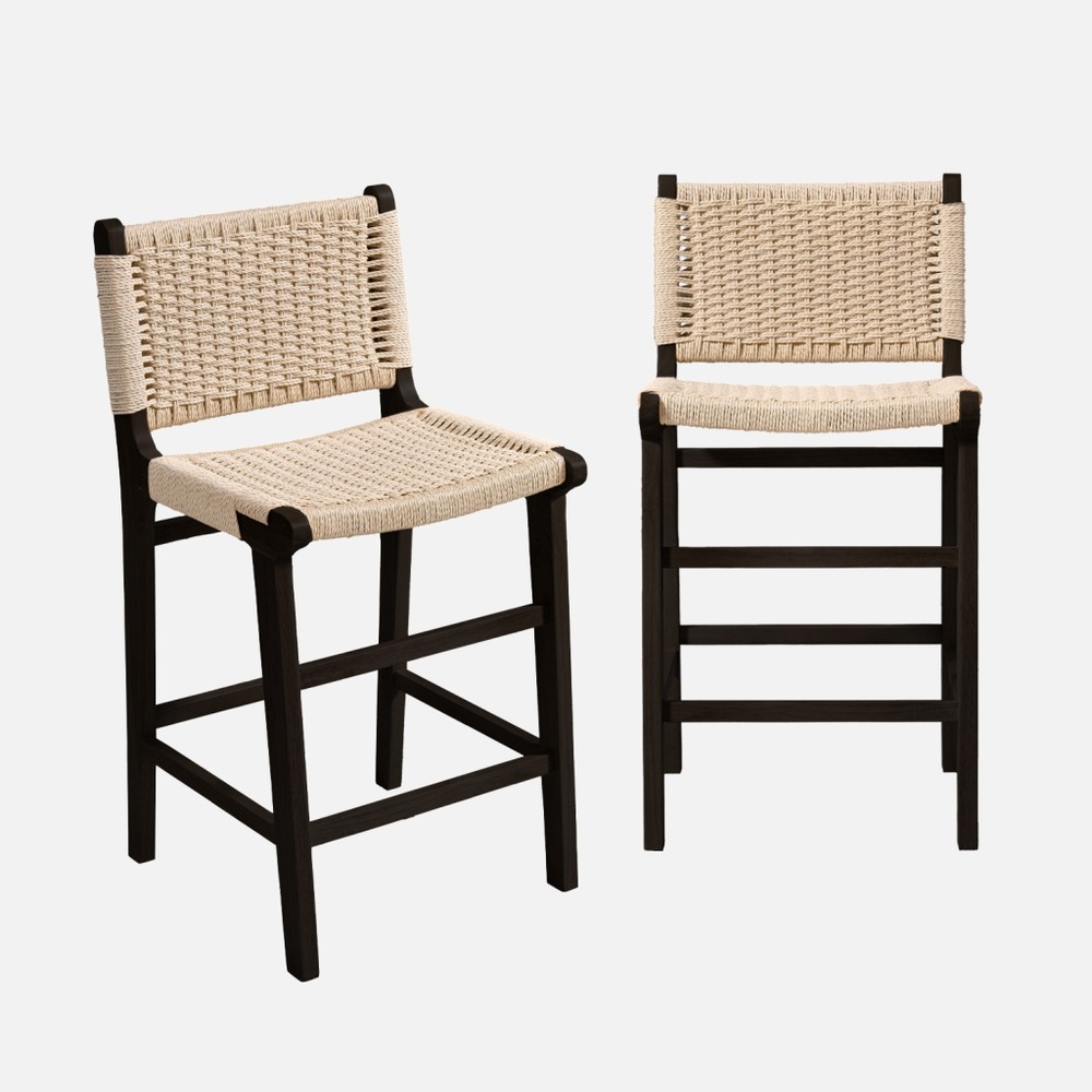 Lot de 2 tabourets de bar en bois d'hévéa et assise en cordes