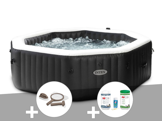 Kit spa gonflable purespa carbone octogonal bulles et jets 6 places + kit trait