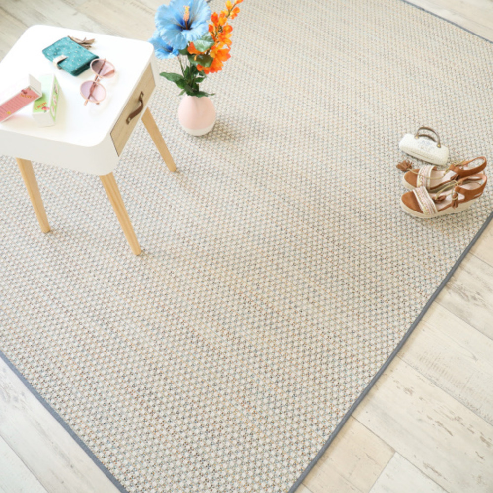 Tapis extérieur ou intérieur en tissé plat - sumatra silver multicolore - galon gris ardoise - 140 x 200 cm