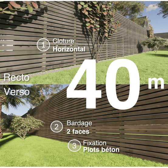 Kit clôture bois moderne 40m – h 2,3m – 20 x 70 mm noir par trempage – pose horizontal – double face – à sceller